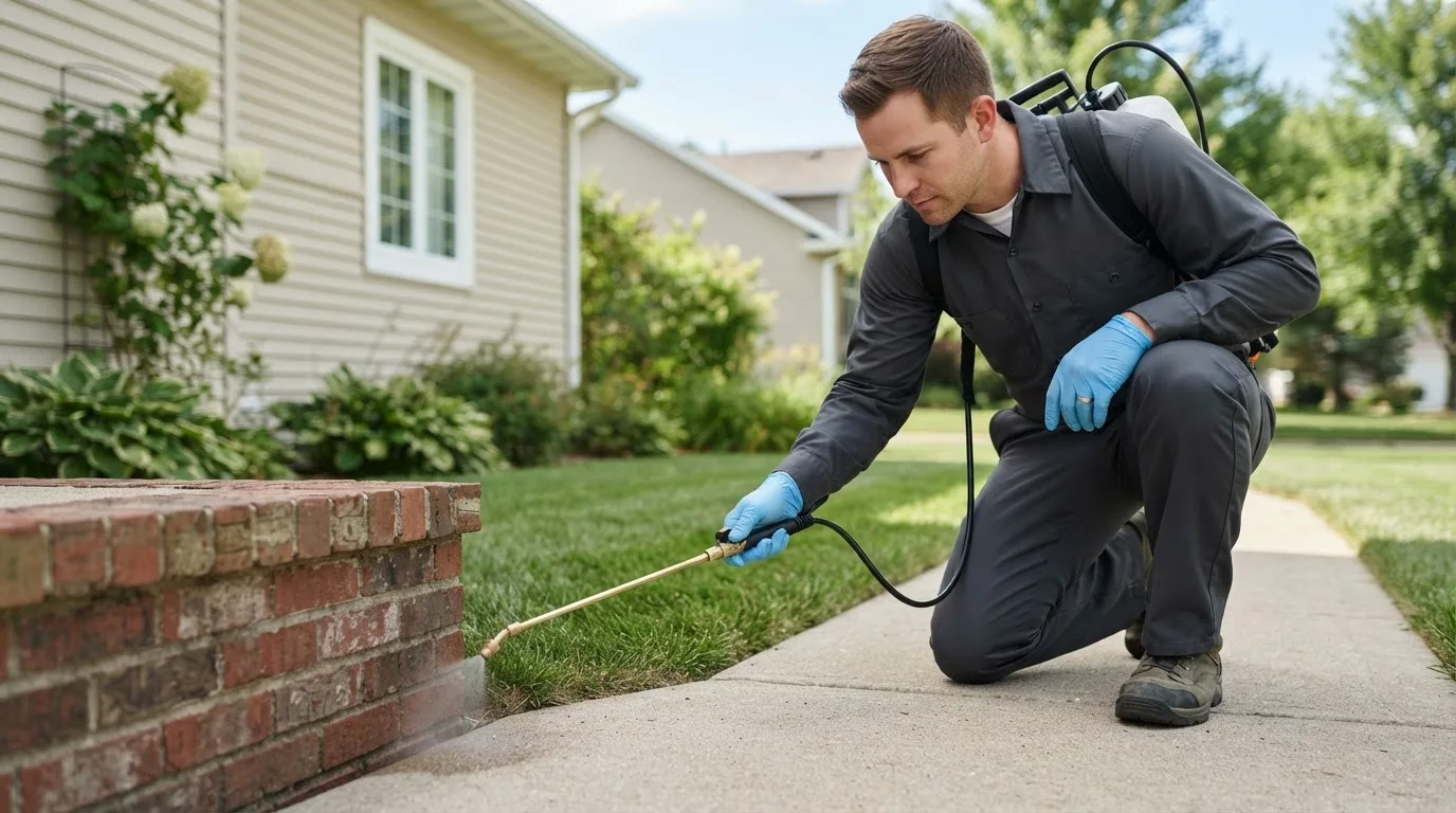 Pest control technician treating a home near Velarde, NM